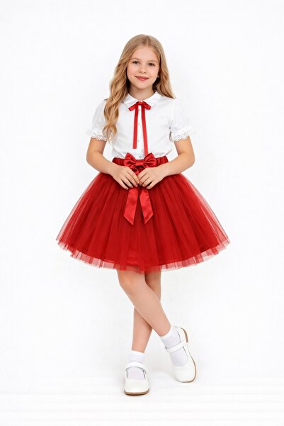 Nacar Kız Çocuk Fiyonklu Dantelli Gömlek Tütü Etek Takım 23 Nisan 29 Ekim Gös...