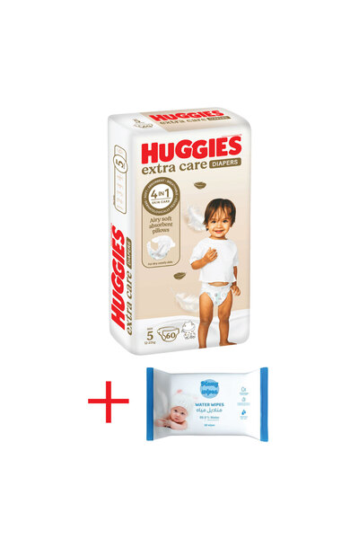 Huggies حفاضات إكسترا كير مقاس 5 عبوة جامبو 60 + مناديل مامي بيور ووتر