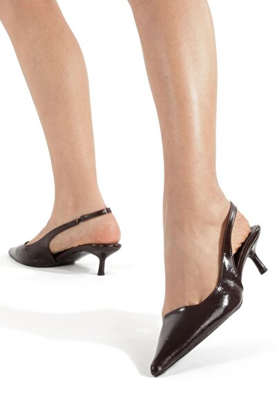MİNNACE Coffee-Colored Wrinkled Patent Leather, Pointed Toe, Open Back, Elast...