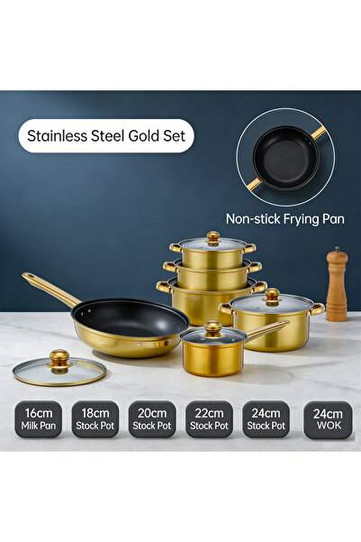 111 金色柄六件套，汤锅，奶锅，煎锅，炒锅，炊具