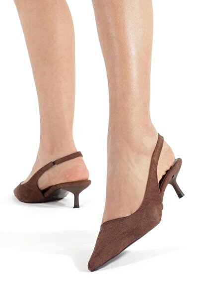 MİNNACE Brown Suede Pointed Toe Open Back Elastic 4 cm Thin Heel New Season
