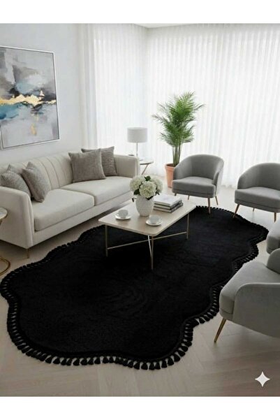 ALTUN CARPET Modern Black Pompom Fringed Plush K Non-Slip Living Room Hallway...