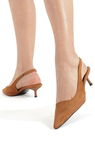 MİNNACE Tan Suede Pointed Toe, Open Back, Elastic, 4 cm Thin Heel, New Season
