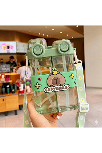 Livava زجاجة مياه للأطفال بقسمين مع شفاطة على شكل كابيبارا - زجاجة مياه مقاوم...