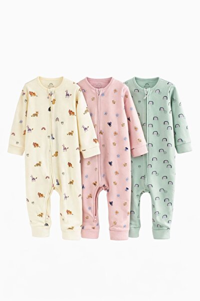 Next Baby Cotton Piece Pink Printed 3-Piece Jumpsuit Set