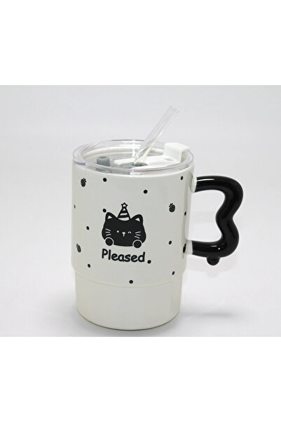Epilons Cute Bear Figured Porcelain Mug with Straw and Lid