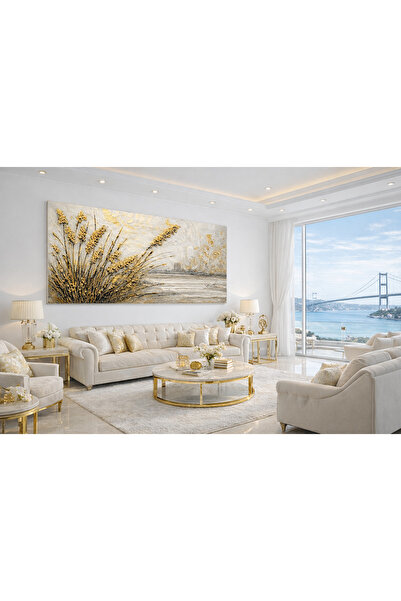 My canvas Premium Seri Altın Başaklar Rölyef Dokulu Lüks Kanvas Tablo Beyaz G...