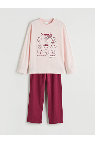 LC Waikiki Set de pijamale pentru fete cu imprimeu și guler tip crewneck
