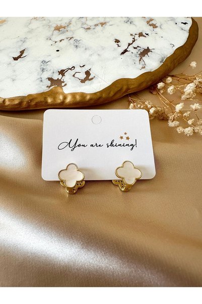 ANGELSS JEWELLERY Çelik Zirkon Taşlı Küpe Yonca Model Beyaz Taşlı Küpe Çift Taraflı Yonca Küpe