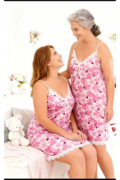 NiCe İç Giyim Battal Size Pink Floral Pattern White Color Women's Nightgown (...