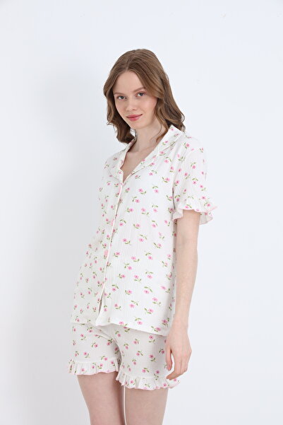 ELİTOL Bürümcük Knitted Short Sleeve Women's Buttoned Shorts Set