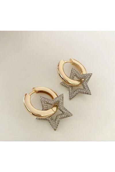 ANGELSS JEWELLERY Zircon Stone Detailed Star Hoop Steel Earrings