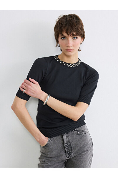 LC Waikiki Nevavm Farkıyla Soulife Gray Oval Collar Stoned Women's Knitwear S...