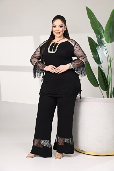 BONİTA FASHİON Women's Plus Size Polka Dot in Tulle Detail Stretchy Comfortab...