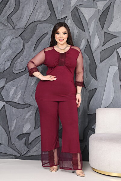 BONİTA FASHİON Guipure Lace and Tulle Paneled - Ruched Detail Plus Size - Wom...