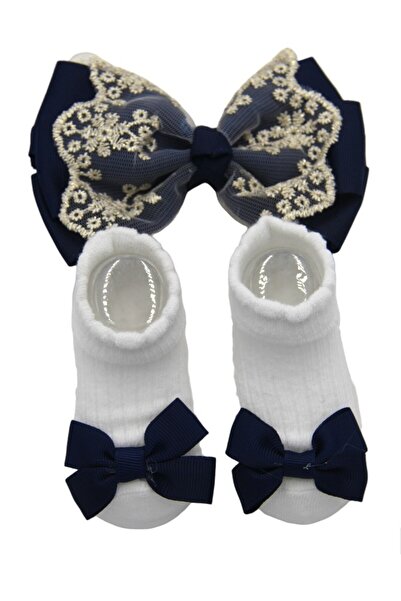 Bambimici - Aaliyah Socks & Cute Ribbon Big Bow Headband Set - Navy Blue