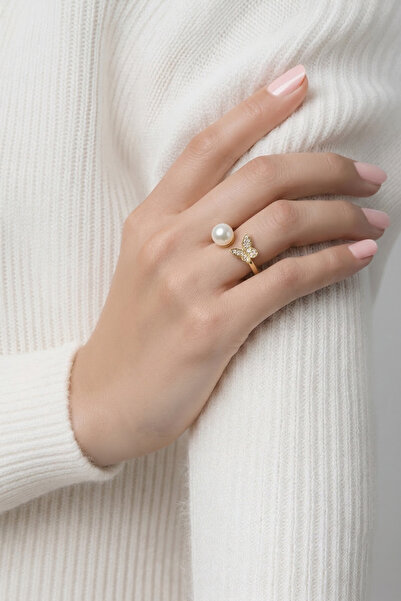 LYKOS خاتم نسائي مرصع بحجر الزركون باللون الذهبي موديل Kelebek Pearl