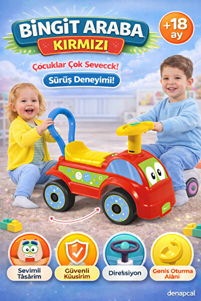 DENAPCAL Bingit Araba Kırmızı Oturaklı Çocuk Arabası İlk Arabam Direksiyonlu ...