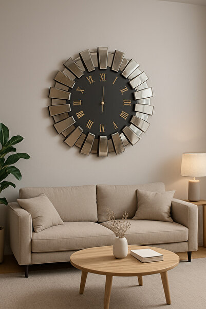 Muhtelif Lüks Aynalı Bronz Piyano Roma Rakamlı Duvar Saati 80 cm - Büyük Boy