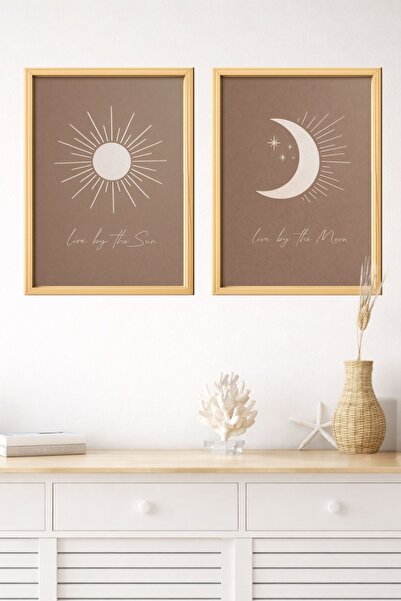 Dekor Güneş Ay Minimalist 3D Çerçeve Görünümlü MDF Tablo Seti (2'li) | Boho M...