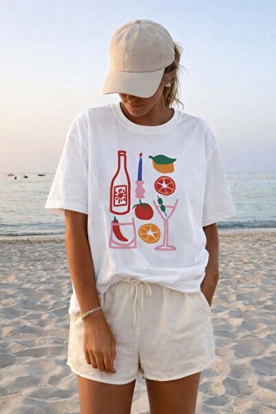 Monila Kadın Premium Kumaş Ekru Baskılı Oversize T-Shirt