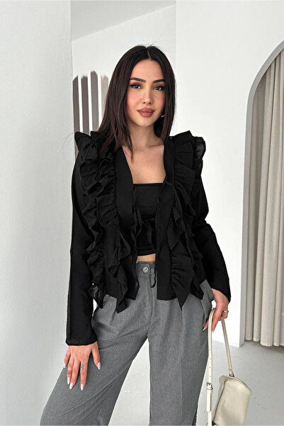 Noa&Noa بلوزة مزينة بكشكشة وأربطة - أسود