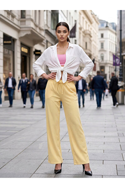 TALY Elastic Waist Tie-Up Waterway Striped Trousers