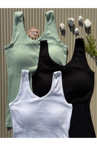 MODALİNOSA Women's 3-Pack Cotton in Modal Ribbed Knit Green, Black, White Tank Tops with Fixed Pads - Blouse