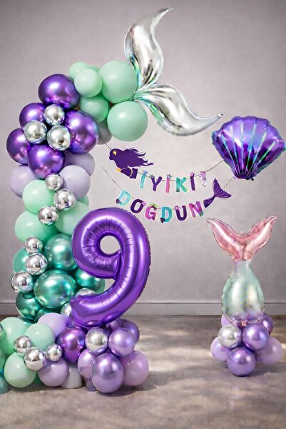 Patladı Gitti Mermaid Themed 9Th Birthday Balloon Decoration Set – Purple Lil...