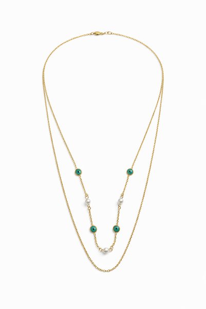 Takıtolia Viluz Evil Eye Bead and Pearl Stone Double Gold Color Stainless Steel Gold Stylish Design Necklace