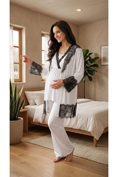 Pelin Women's Ecru Black Lace Piece 3-Piece Maternity Pajama Set with Dressin...