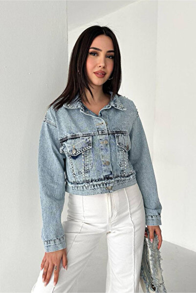 Noa&Noa جاكيت دنيم بتفاصيل حجرية مع جيوب - أزرق فاتح أزرق فاتح