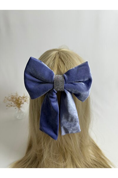 MegssStore مشبك أوتوماتيكي على شكل فيونكة باللون الأزرق مرصّع بالأحجار مخمل