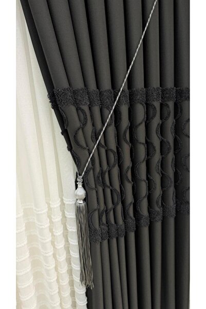 Fon Dünyası Luxury Linen Textured Furry Anthracite Panel Drapery Curtain (Sin...