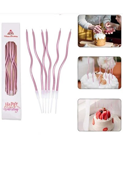 PARTİ AŞKI Pembe Metalik Spiral Pasta Mumu 6 Adet 15 Cm - Pembe Metalik Renkl...