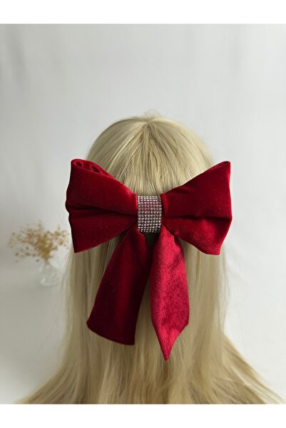 MegssStore مشبك أوتوماتيكي أحمر مرصّع بالأحجار مخمل فيونك