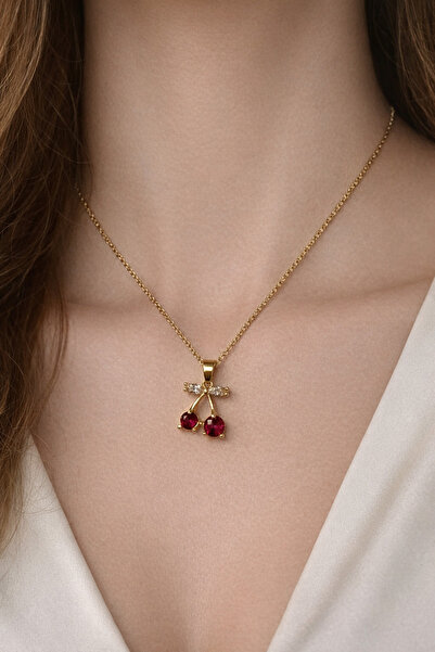 Takıtolia Vikie Cherry Figured Gold Color Stainless Steel Gold Necklace