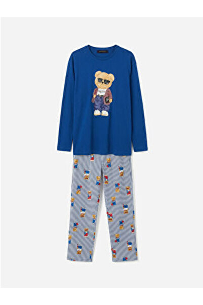 LC Waikiki طقم بيجامة نسائي M1 SEZON باللون الأزرق الداكن مطبوع