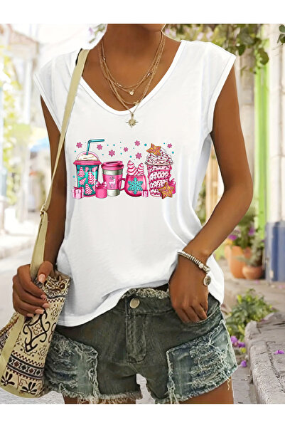 Deocept تي شيرت نسائي بني مطبوع بدون أكمام وياقة على شكل حرف V وقصة عادية مريح