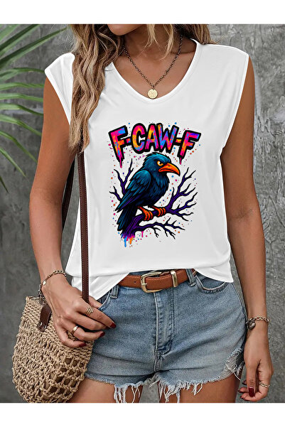 Deocept Women's Printed V-Neck Sleeveless Regular Fit Casual T-Shirt