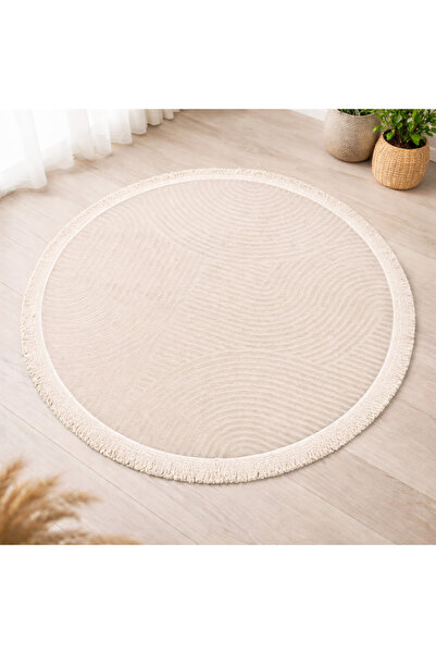 Merinos Rölyef Yuvarlak Düz Saçaklı Joy Krem Kaymaz Taban Halı Yolluk