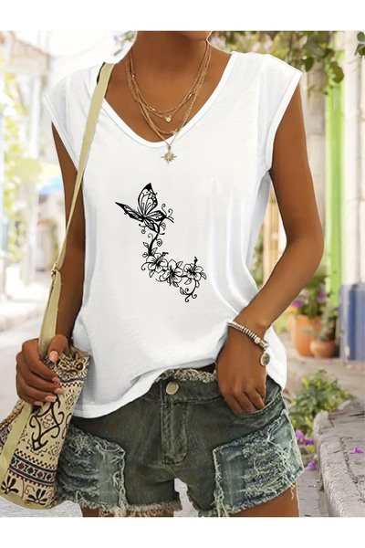 Deocept Γυναικείο μπλουζάκι Butterfly με τύπωμα με λαιμόκοψη V, αμάνικο, κανο...