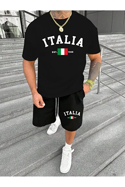 puolikuu بدلة رياضية رجالية كبيرة الحجم مع شورت - تي شيرت إيطاليا إست مطبوع -...