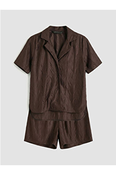 LC Waikiki M1 Sezon Brown Shirt Collar Patterned Women's Shorts Pajama Set