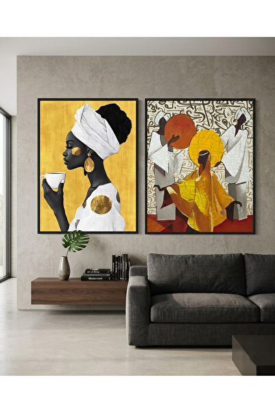 Linacci Double Black Metal Frame Gold Detailed Modern Afro Art Glass Painting...