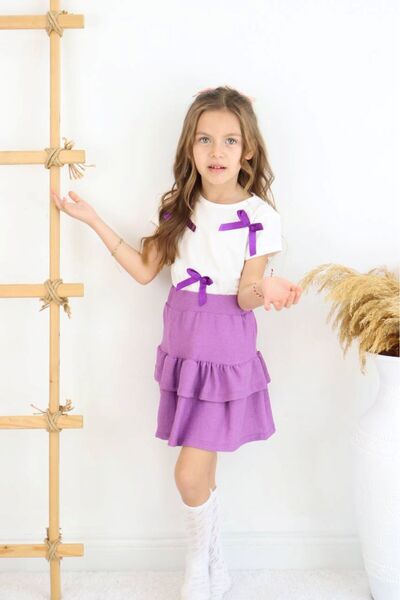 sinmm Girl's Ribbon Detailed T-Shirt and Skirt Double Set (White Top - Lilac ...