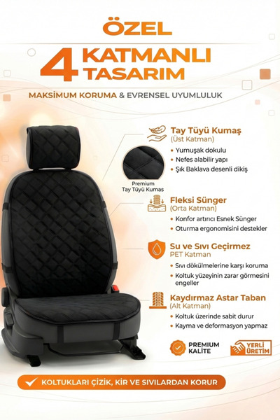 e-biz Oto Koltuk Kılıfı Tay Tüyü 4 Katmanlı Minder Tekli Ön – Terletmez,Kaymaz,Su Geçirmez,Airbag Uyumlu