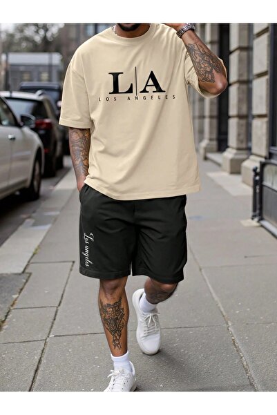 puolikuu Men's Oversized Tracksuit with Shorts - La Los Printed T-Shirt - Shorts