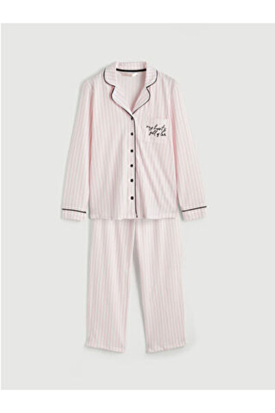 LC Waikiki M1 Sezon Ecru Shirt Collar Embroidered Women's Pajama Set