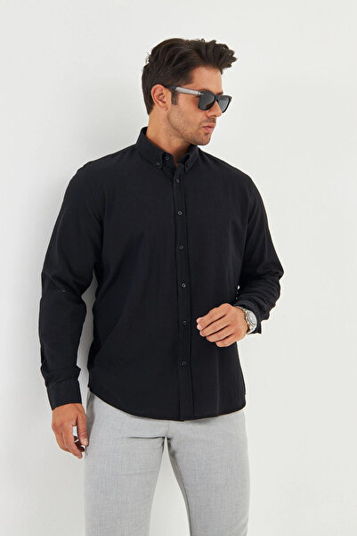 Tam12den Home Men's Zend Club Regular Fit Summer Linen Shirt Black